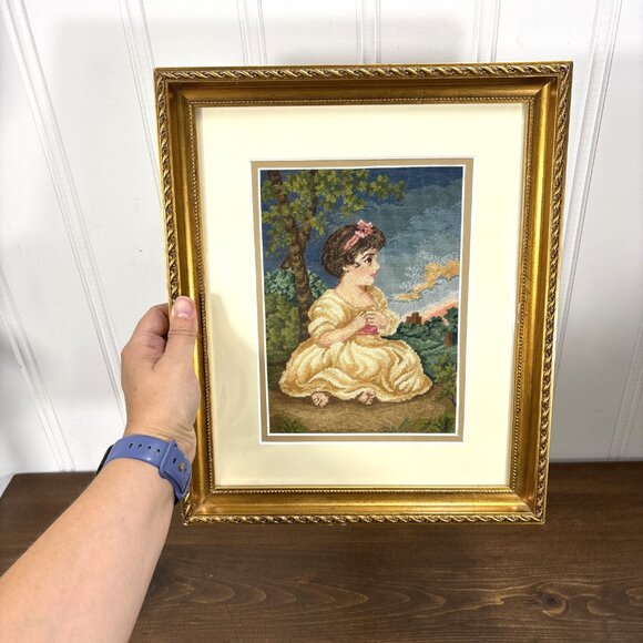 Vintage Framed Petit Point Girl Needlepoint Art Hand-Stitched Wall Decor - Picture 5 of 13
